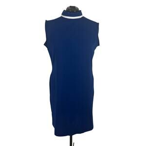 Vintage 60s Mod Shift Dress Royal Blue High Neck Diolen Sleeveless Size L XL